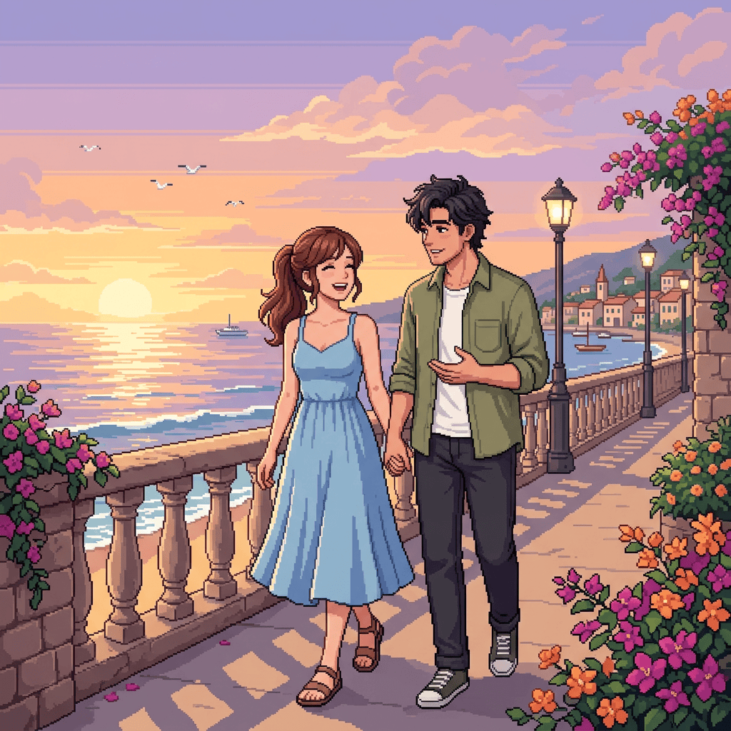 Pixel-art couple holding hands on a flower-lined seaside promenade at sunset