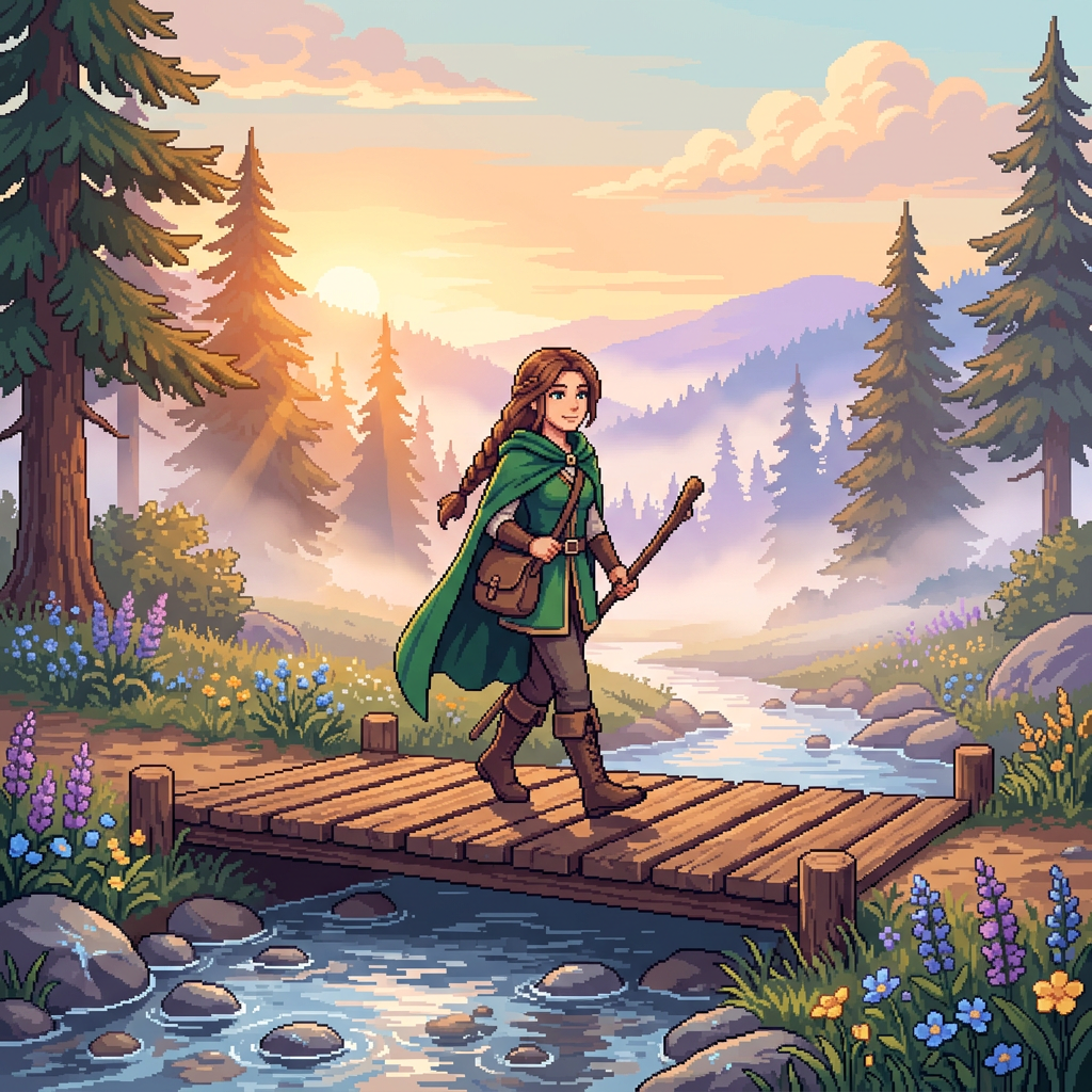Green-cloaked adventurer crossing a wooden bridge over a forest stream