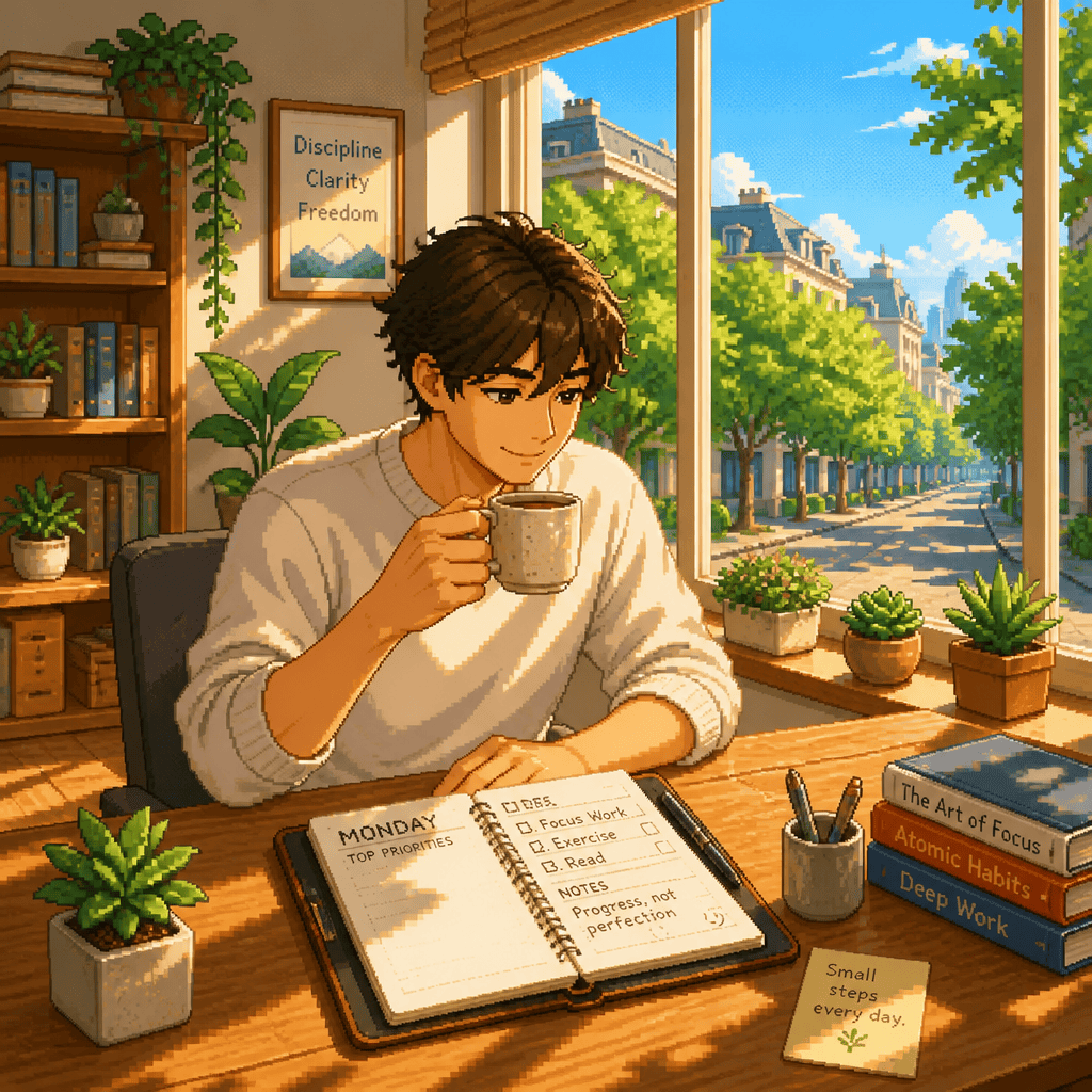 Person drinking coffee beside planner reading “MONDAY,” “TOP PRIORITIES,” “Focus Work,” “Exercise,” “Read,” “Progress, not perfection,” and “Small steps every day”; poster says “Discipline Clarity Freedom,” books titled “The Art of Focus,” “Atomic Habits,” and “Deep Work.”
