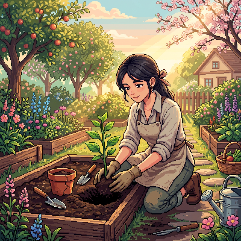 Gardener planting a seedling in a colorful raised garden bed
