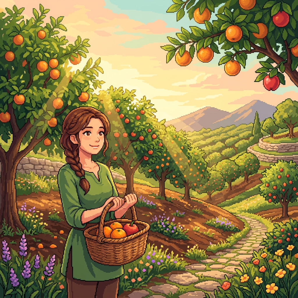 Woman carrying a basket of fruit through a flowering mountain orchard