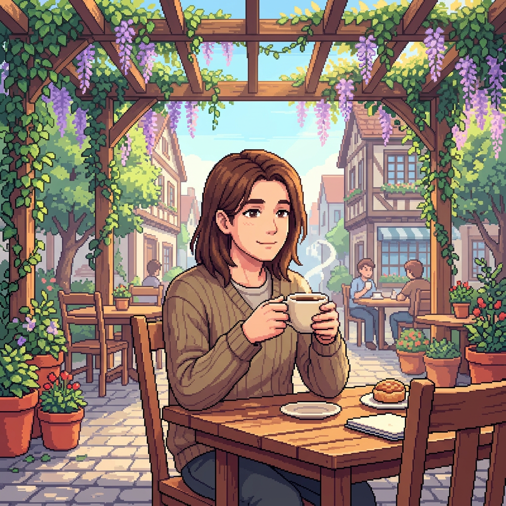 Woman holding coffee at a garden café table beneath flowering vines