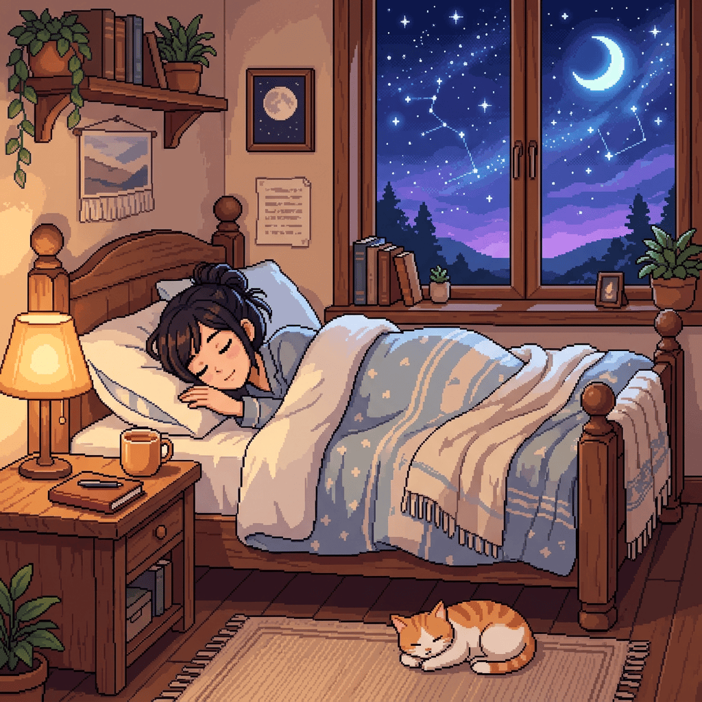 Person sleeping in a cozy bedroom beside a window under a starry sky