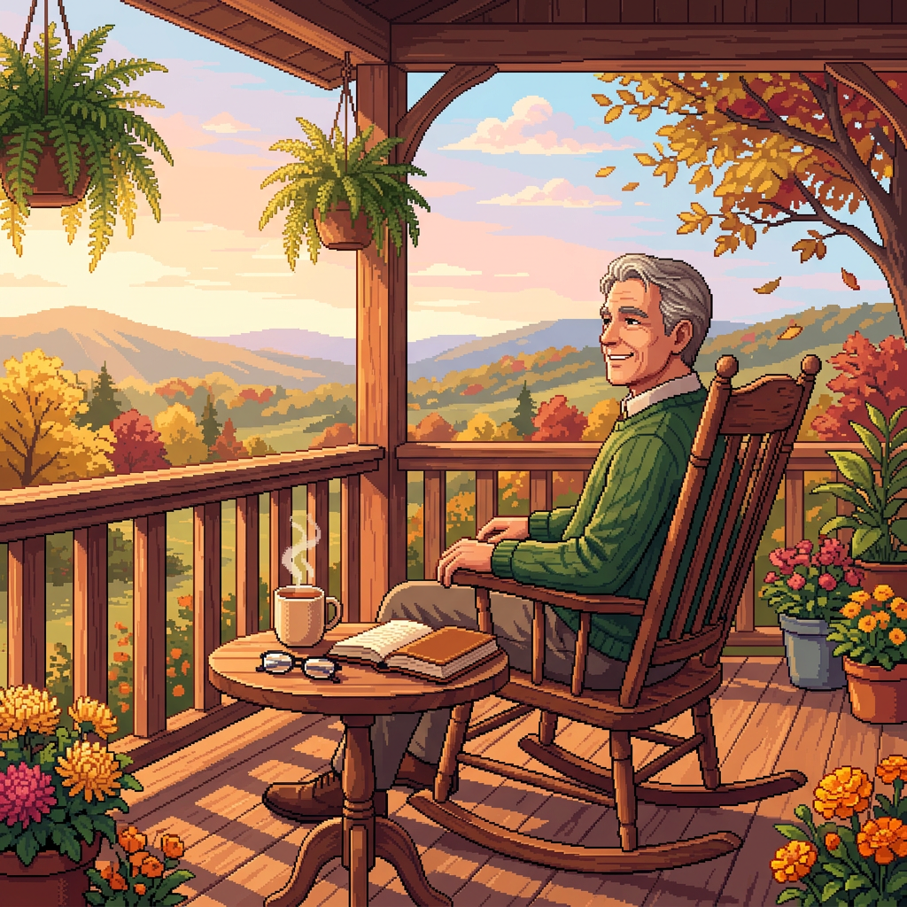 Gray-haired man reading on a porch with coffee and autumn mountains