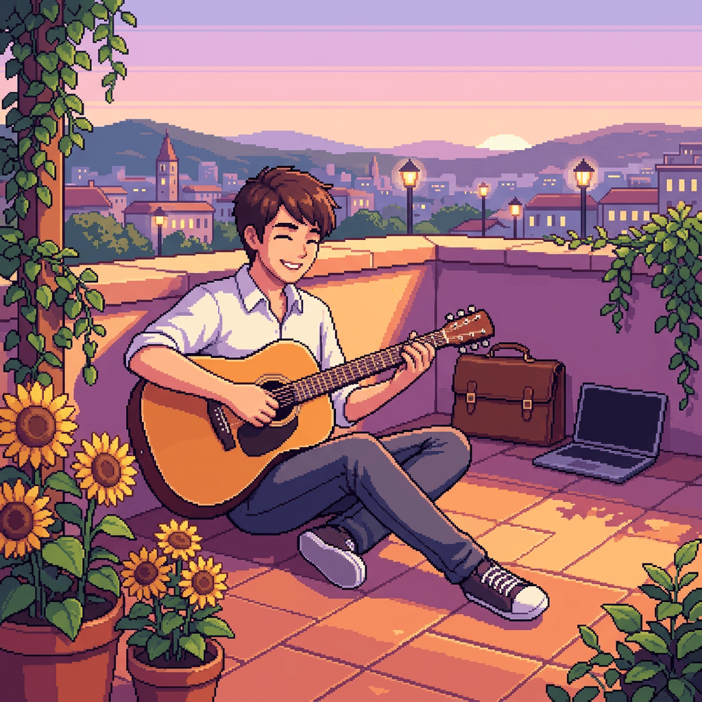Smiling person playing acoustic guitar on a rooftop at sunset