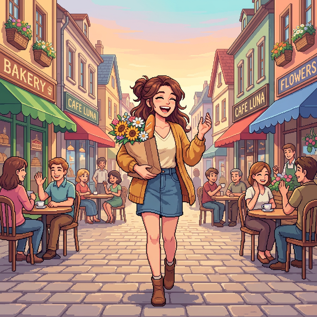 Smiling woman carrying flowers through a café-lined pedestrian street