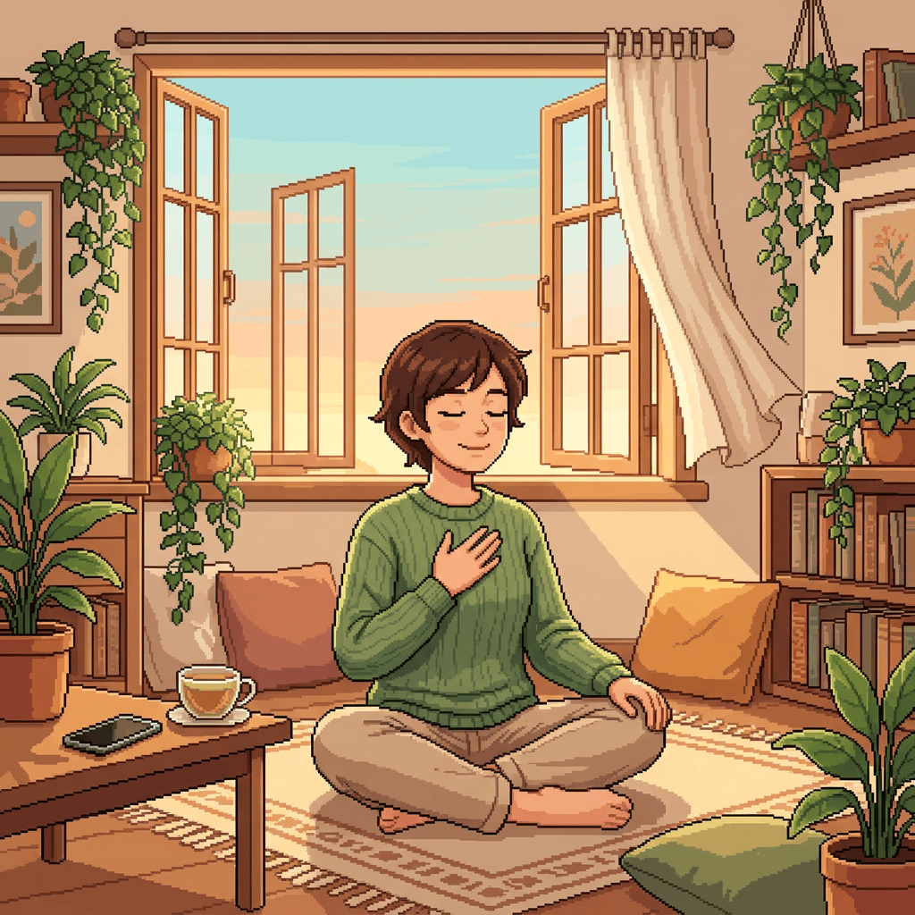 Person meditating cross-legged in a sunlit living room