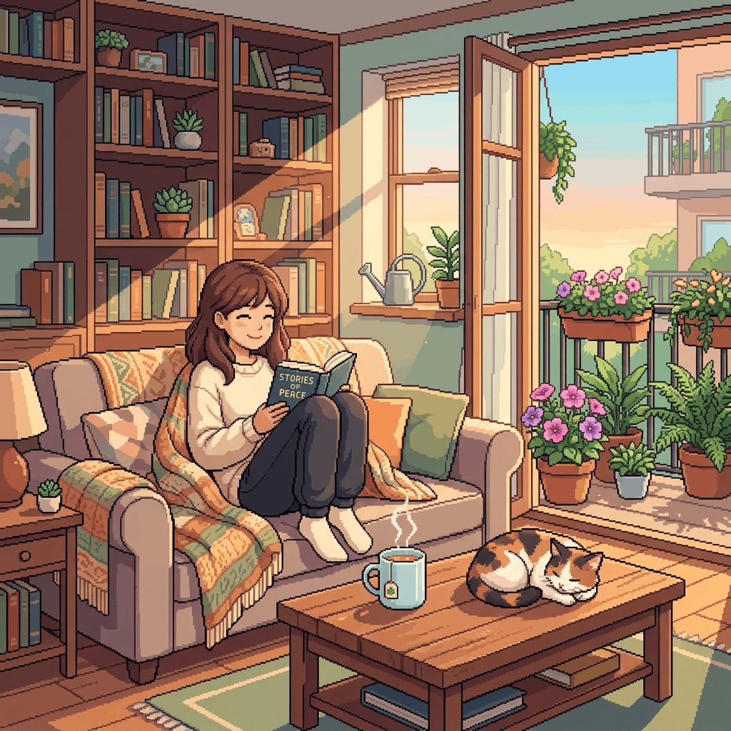 Woman reading “STORIES OF PEACE” beside a sleeping cat in a sunny living room