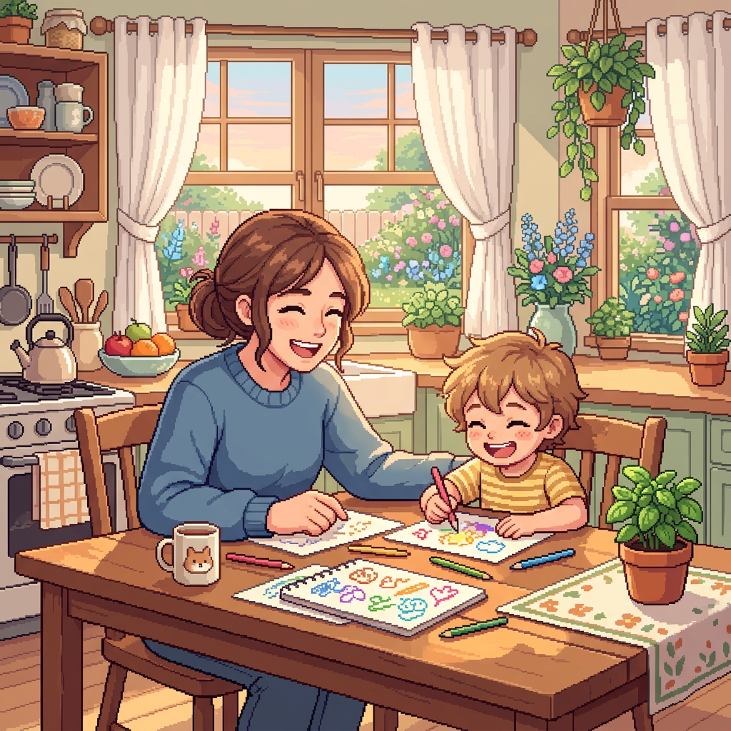 Mother and child drawing together at a kitchen table
