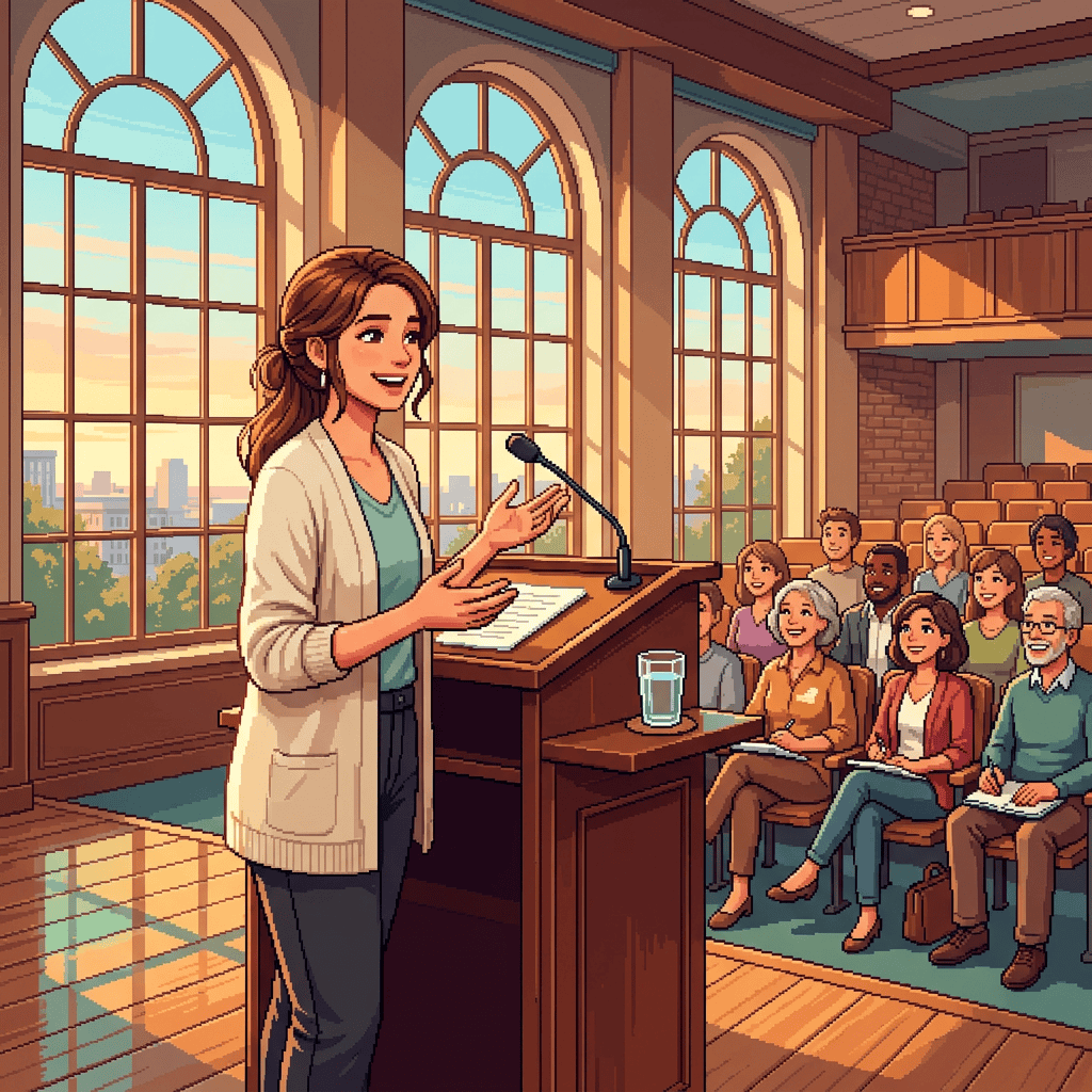 Woman speaking at a podium to an attentive seated audience