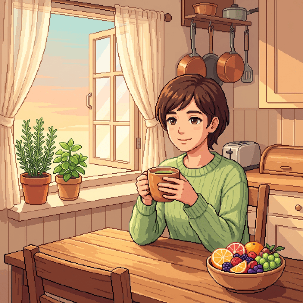 Woman in green sweater holding a mug at a kitchen table