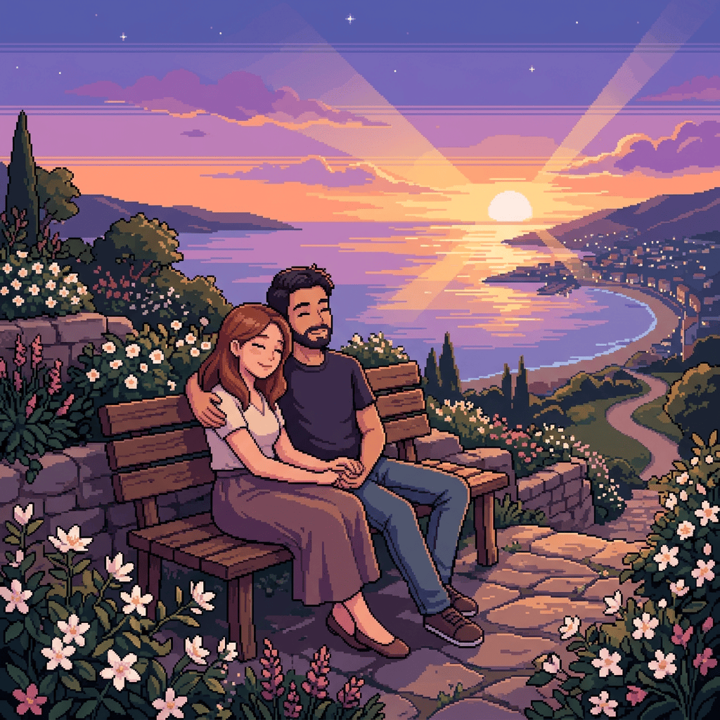 Couple sitting together on a flower-lined bench overlooking the sunset sea