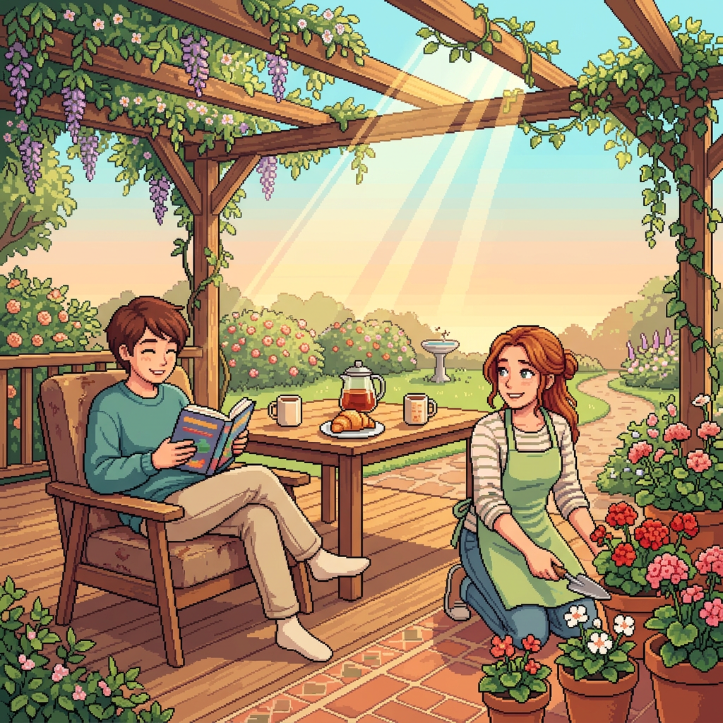 Person reading beside gardener tending flowers under a vine-covered pergola