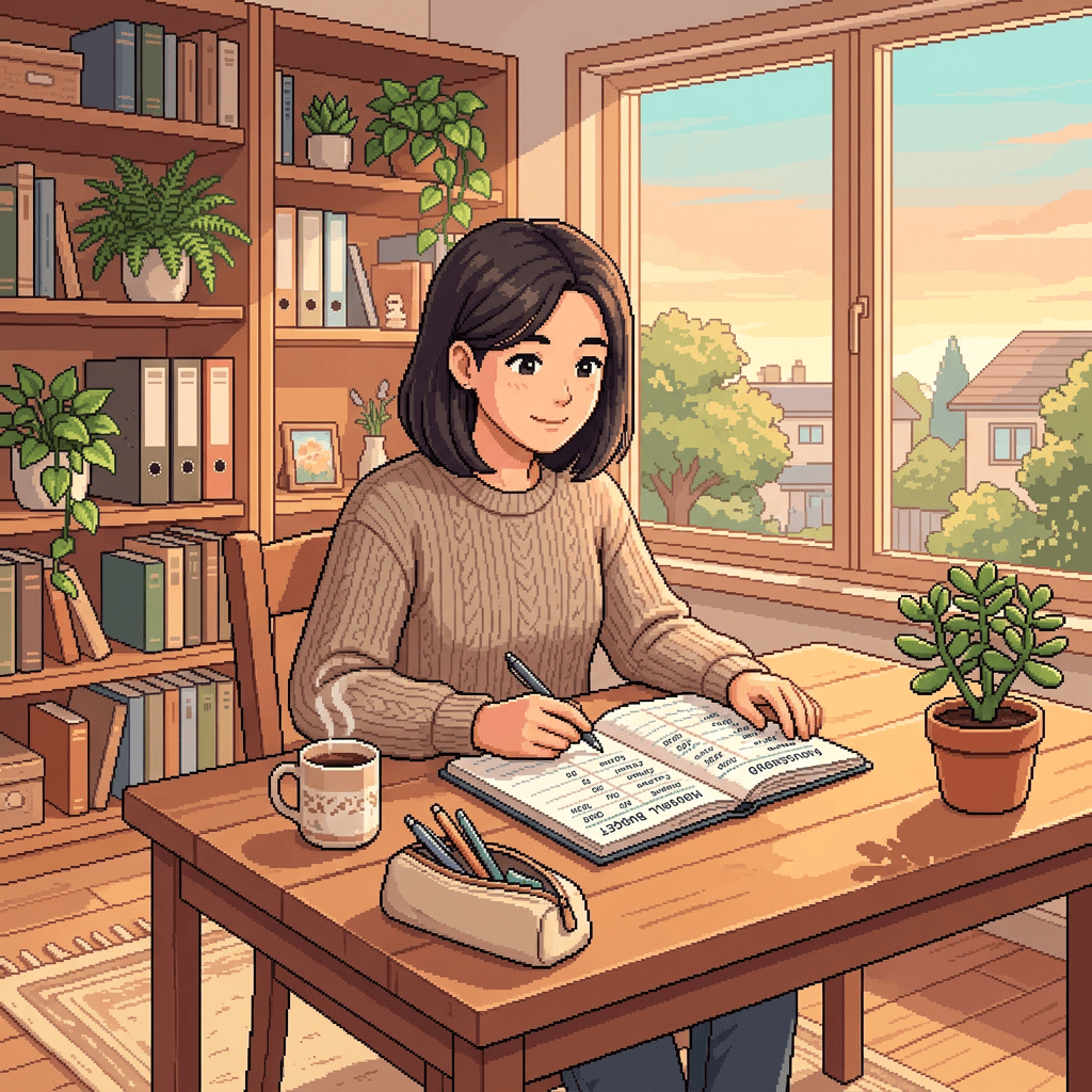 Woman writing in a planner at a desk beside a sunny window