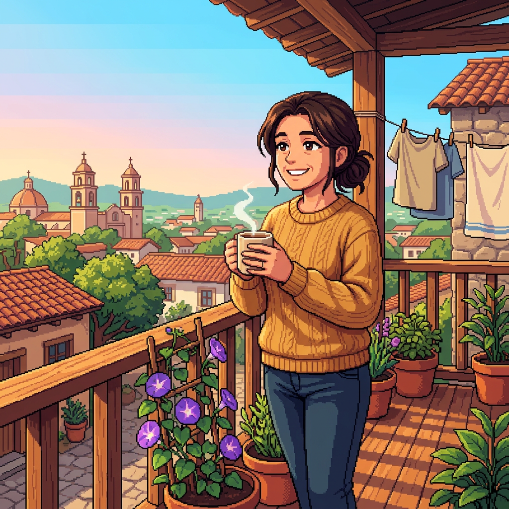 Pixel art woman holding coffee on a balcony overlooking a village