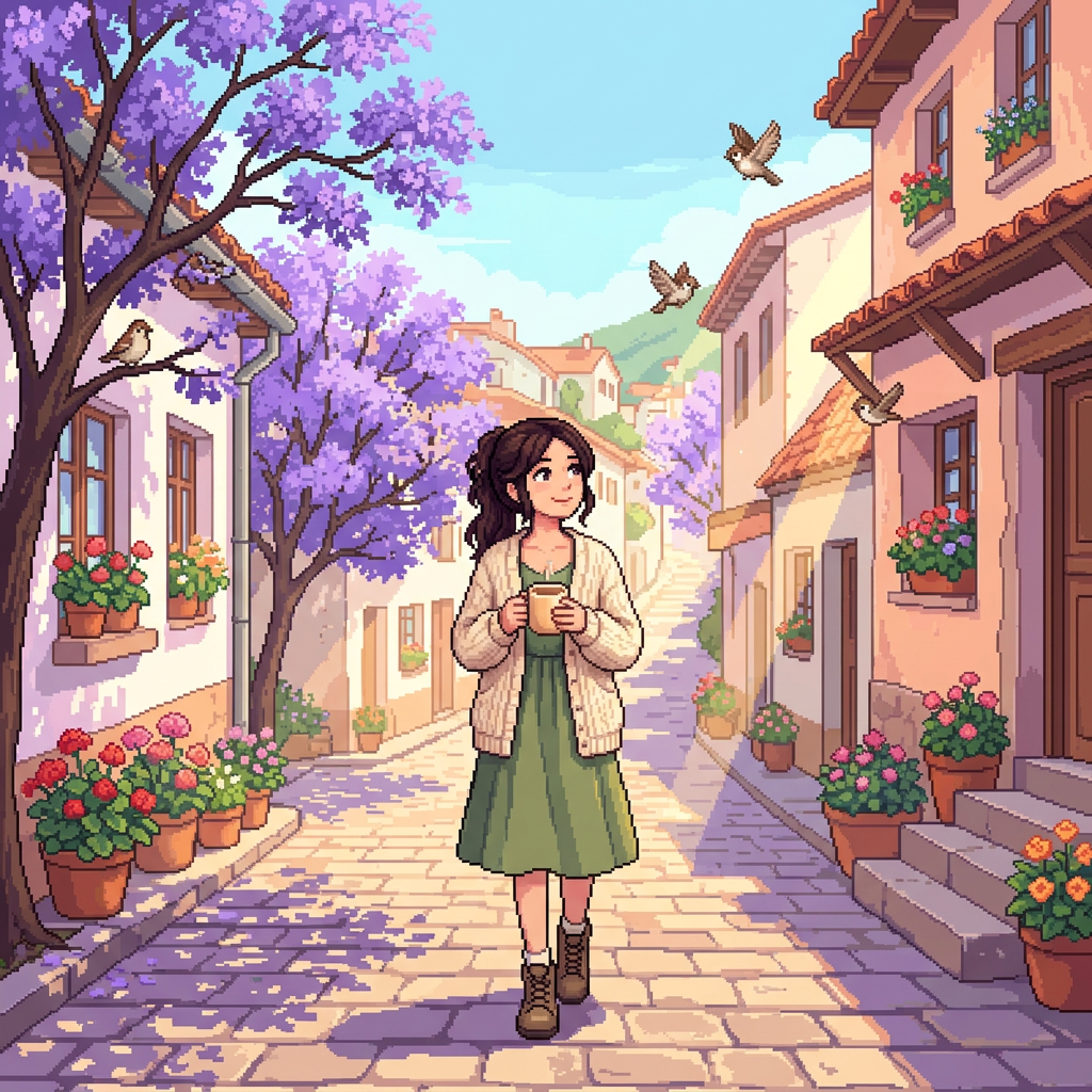 Woman holding a cup on a flower-lined village street