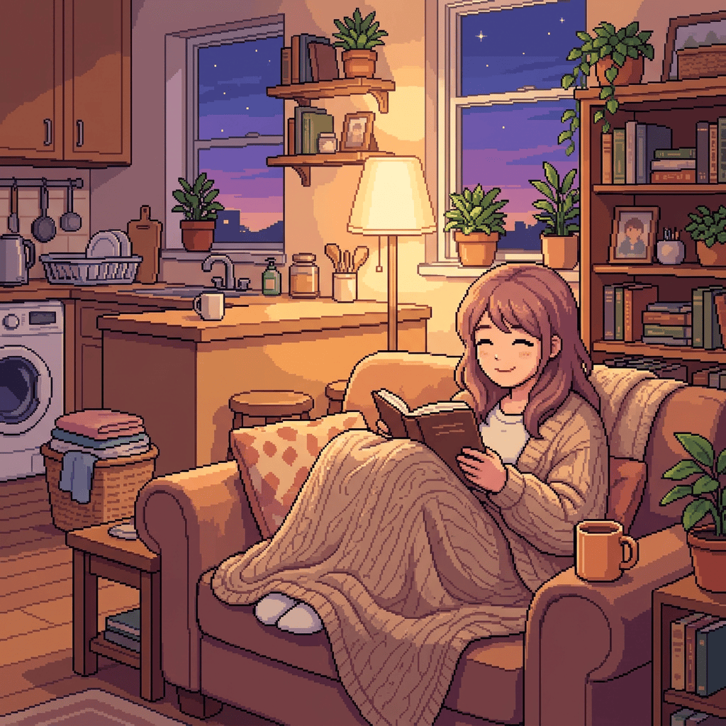 Woman reading a book under a lamp in a cozy apartment