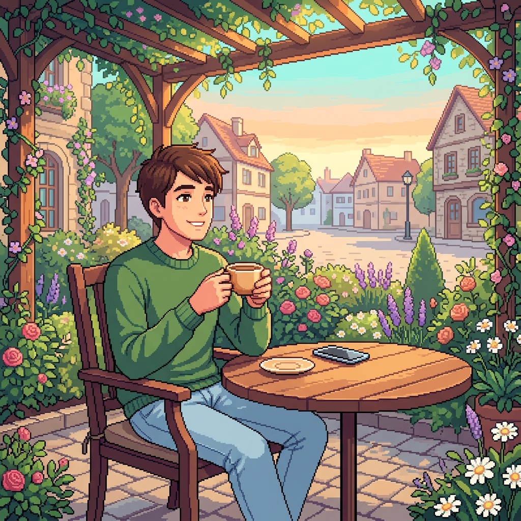 Young man drinking coffee at a flower-filled garden café