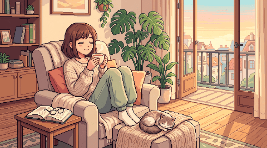 Young adult resting peacefully in a sunlit living room