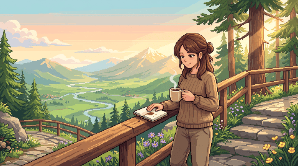 Woman sketching beside coffee at a mountain overlook