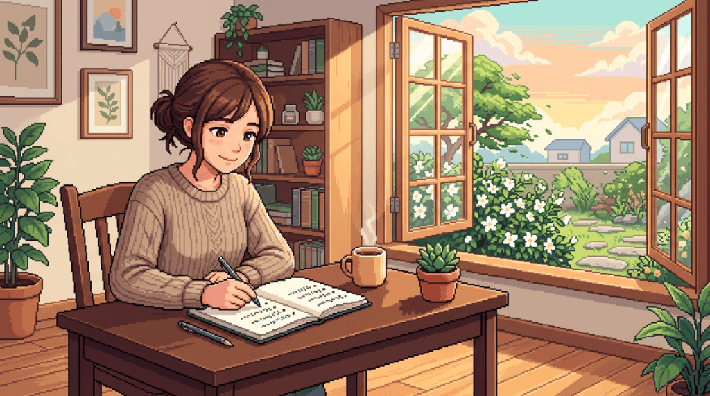 Woman journaling at a table beside an open window and garden