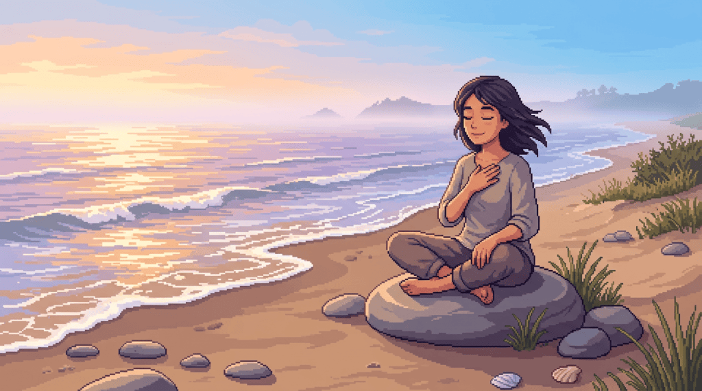 Woman meditating on a rock beside a sunset beach