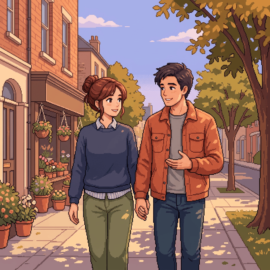 Pixel art couple walking hand in hand along an autumn neighborhood street