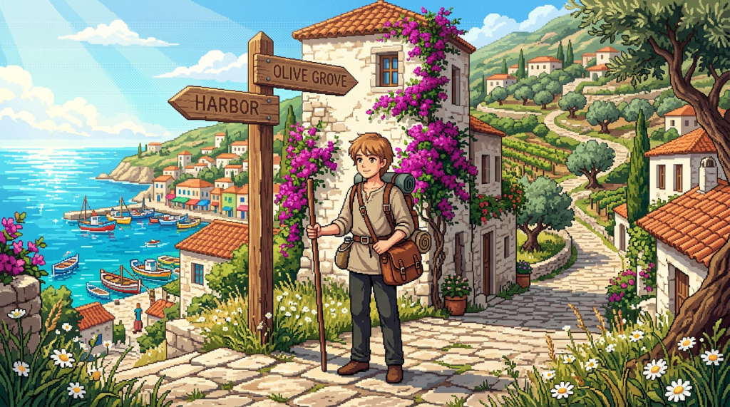 Pixel art traveler beside signs pointing to Olive Grove and Harbor
