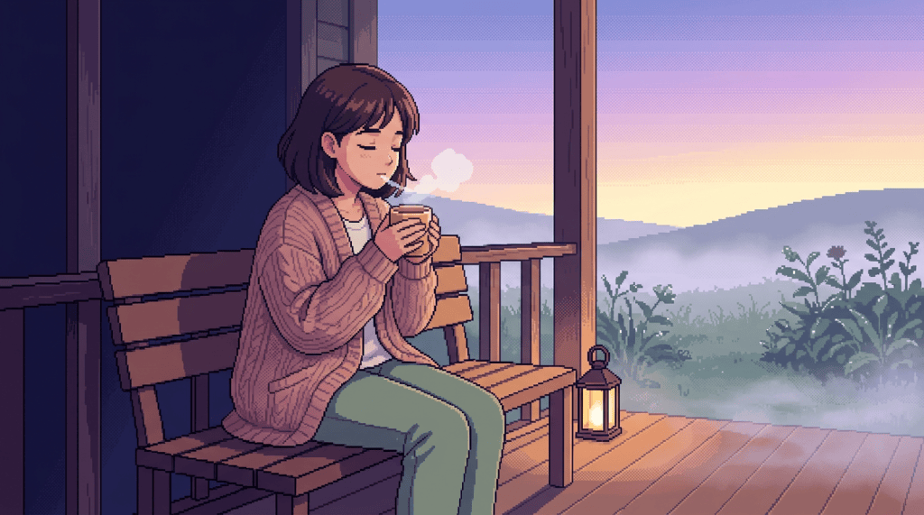 Woman sipping coffee on a porch overlooking misty hills at dawn