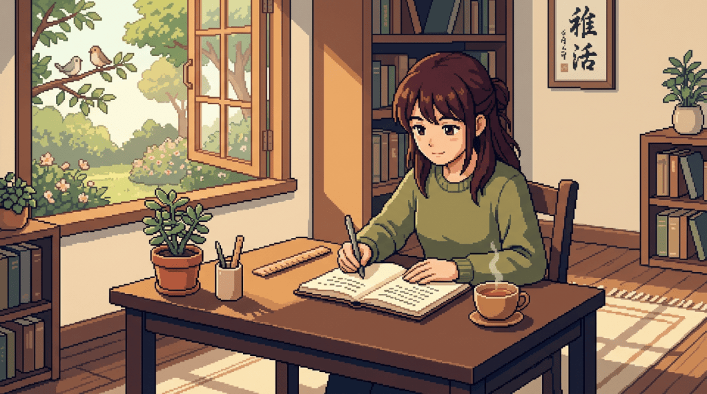 Young woman writing in an open journal at a desk beside a garden window