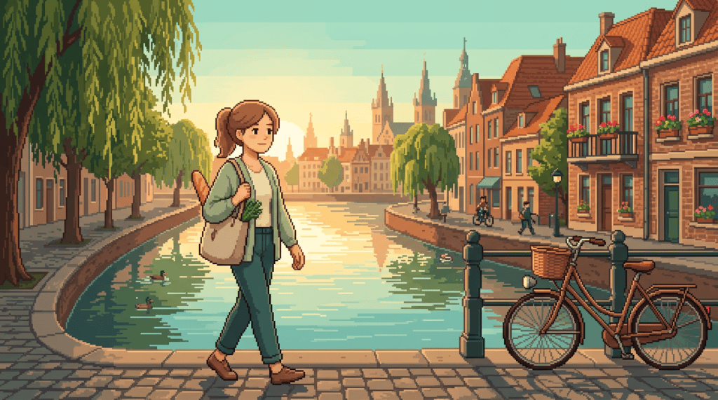 Person walking beside a canal in a historic European city