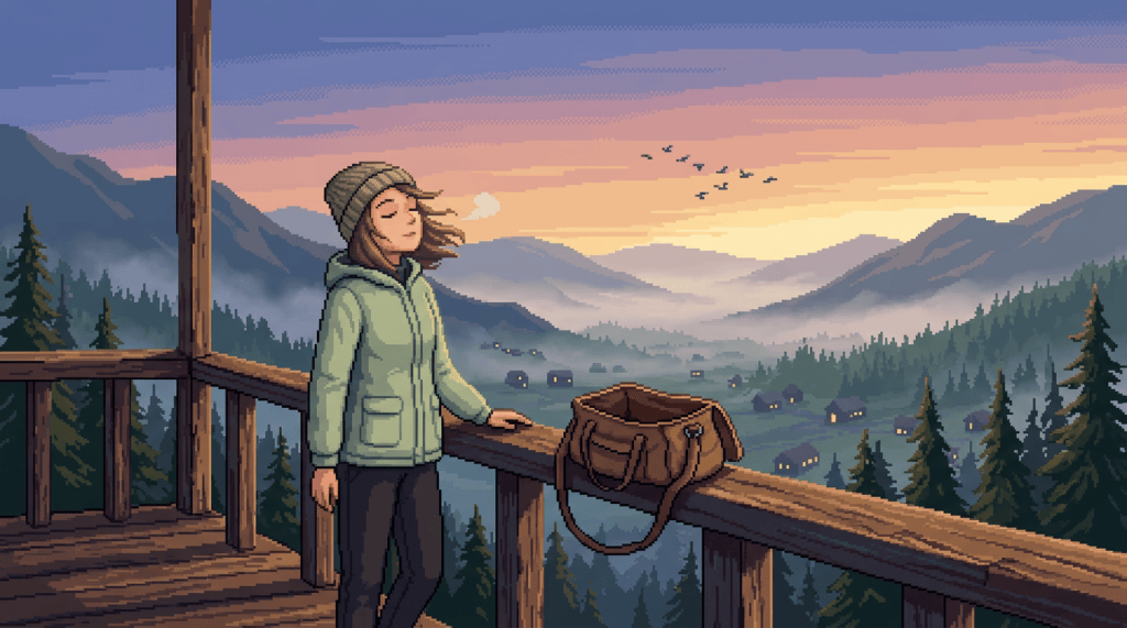 Traveler in winter clothing overlooking a mountain valley at sunset
