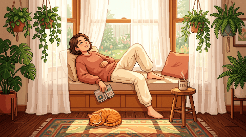 Woman relaxing on a window seat with tea, magazine, plants, and sleeping cat