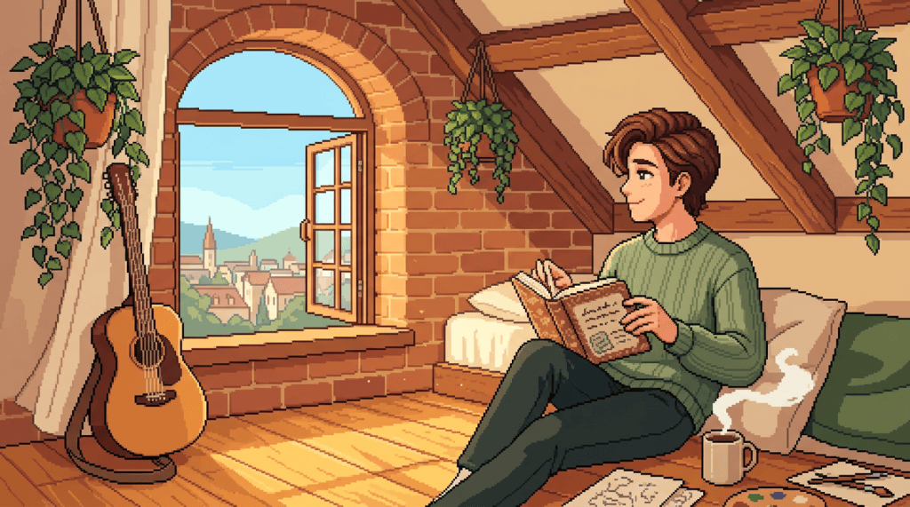 Person reading a book in a sunlit attic beside a guitar