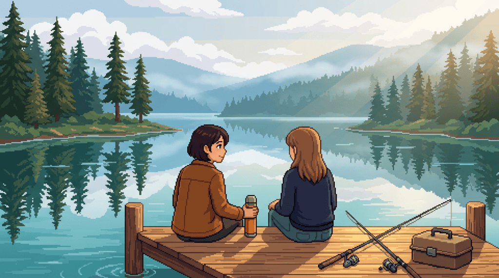 Two people fishing from a wooden dock on a mountain lake
