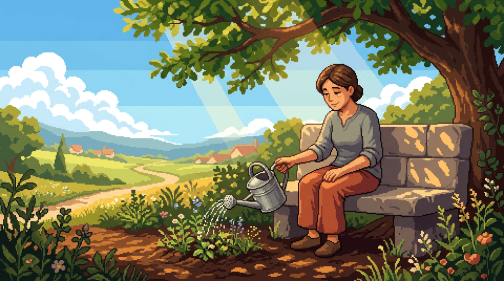 Person watering flowers beside a stone bench in a countryside garden