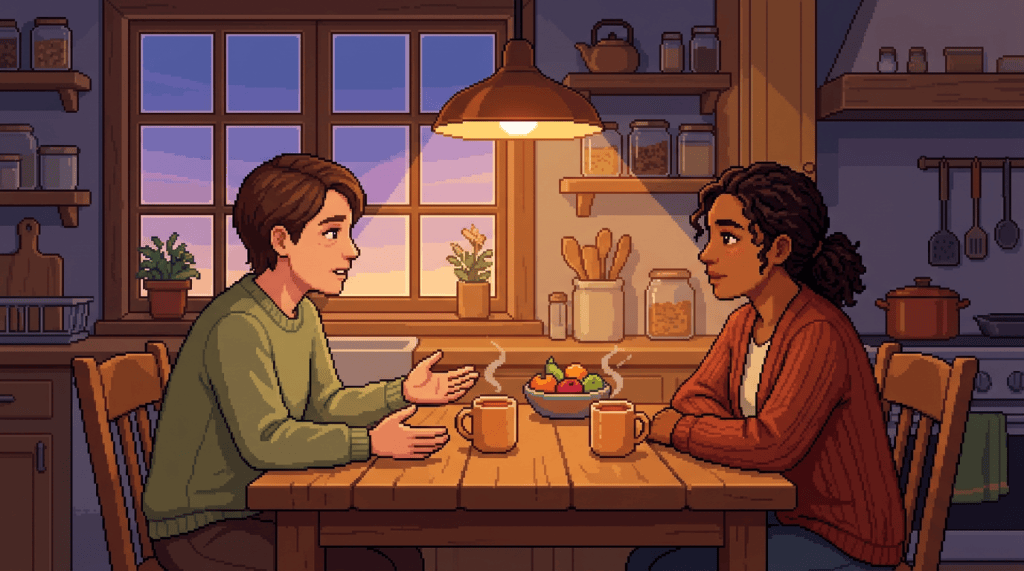 Two people talking over tea at a kitchen table