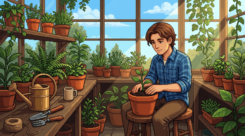 Gardener potting a young plant in a sunlit greenhouse