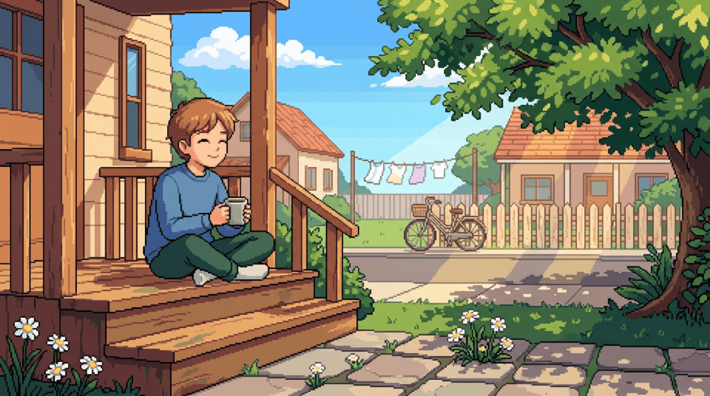 Pixel art boy holding a mug on a porch beside a quiet street