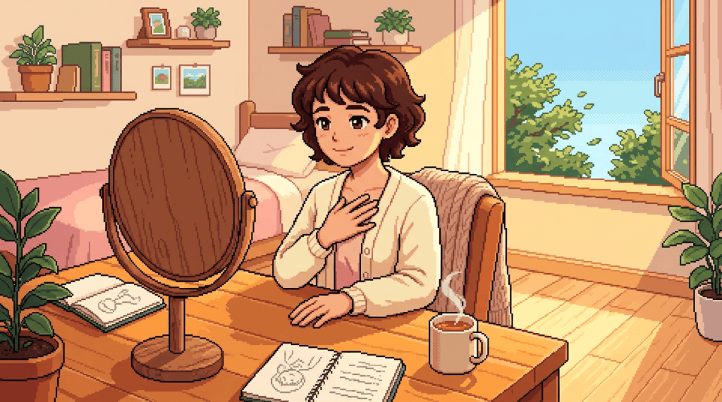 Pixel-art woman reflecting at desk with mirror, journal, and tea