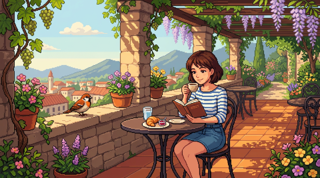 Woman reading with coffee on a flower-filled terrace overlooking a village