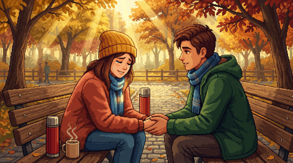 Pixel-art couple holding hands on a park bench in autumn