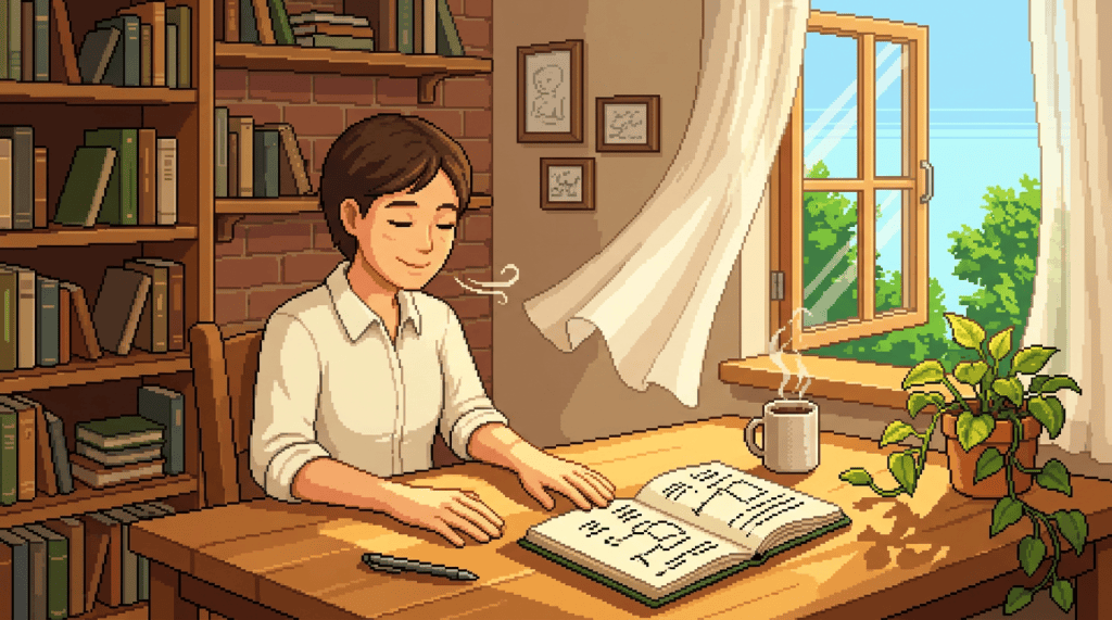 Person journaling at a desk beside books, coffee, and a window