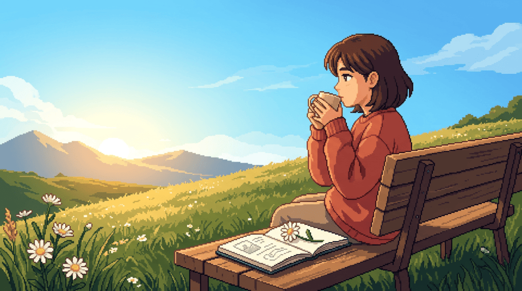 Person healing on a sunlit hillside bench
