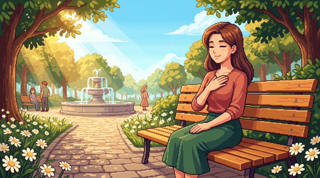 Woman sitting peacefully on a park bench beside a fountain