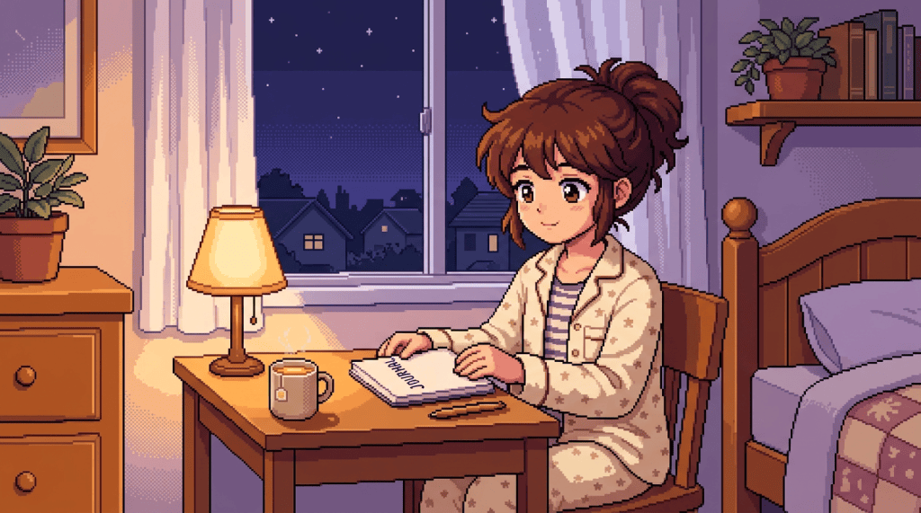 Woman writing in a journal at a bedroom desk at night
