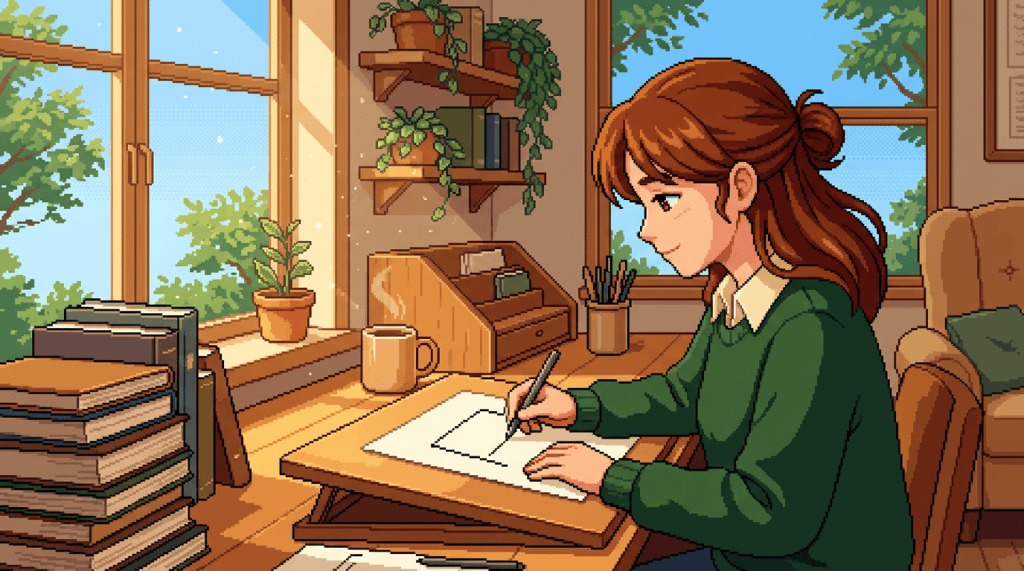 Person drawing confidently after studying