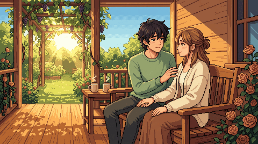 Pixel art couple sitting together on a flower-filled porch overlooking a garden