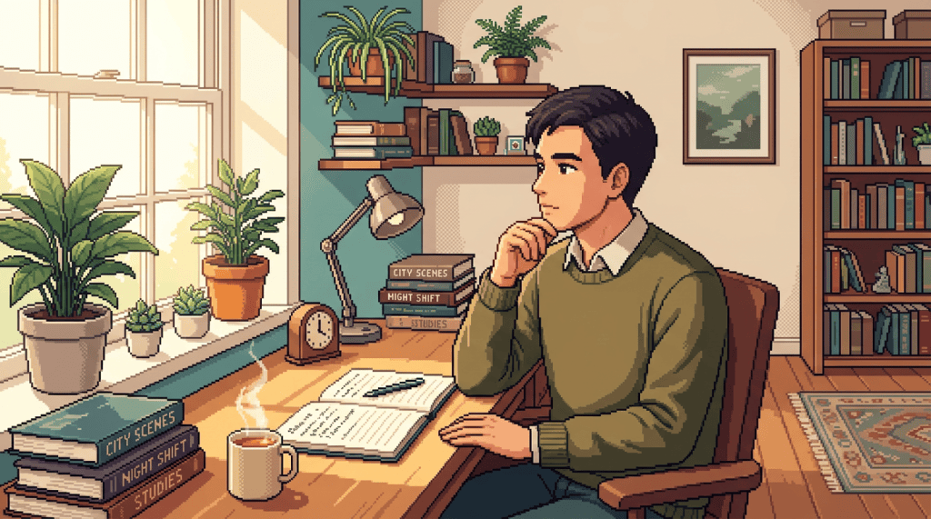 Person writing at a desk surrounded by books, plants, and study materials