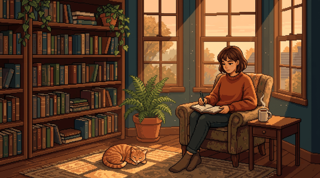 Person journaling in a sunlit library nook